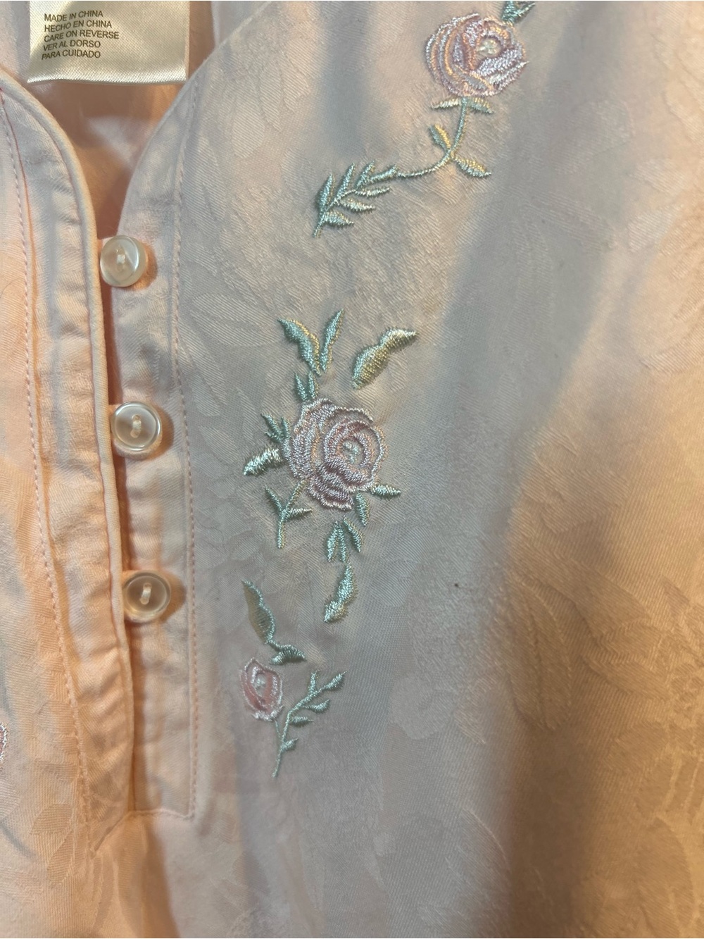 VTG Collette by Miss Elaine Pink Cotton Jacquard Embroidered Nightgown L